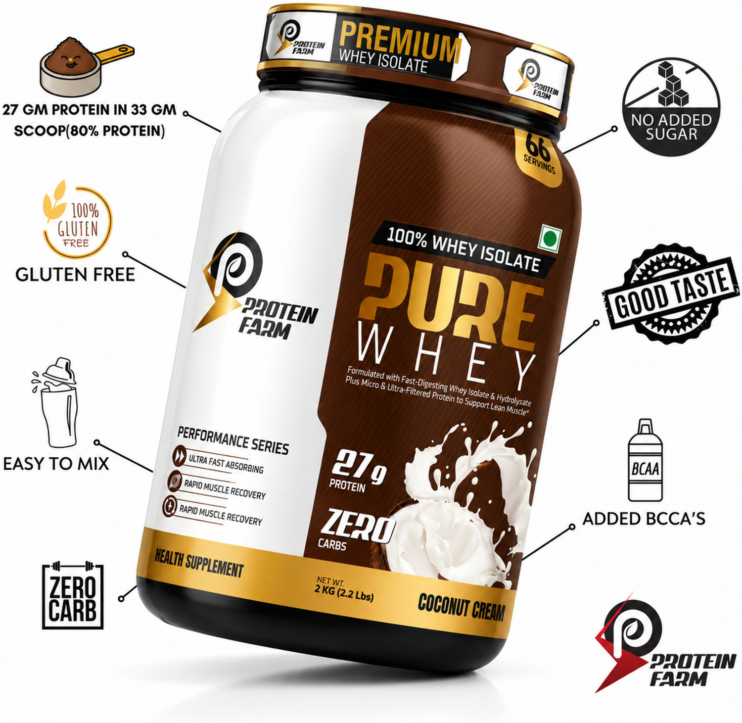 Image of PROTEINFARM PURE WHEY ISOLATE & HYDROLYSED PROTEIN 2KG (0 CARBS , LOW FAT) Whey Protein