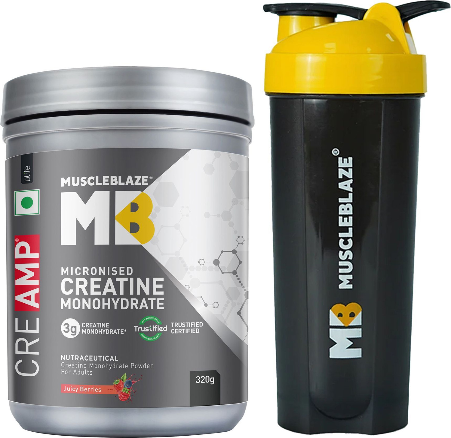 Image of MUSCLEBLAZE Micronised Creatine Monohydrate CreAMP Powder with Shaker, Trustified Certified Creatine