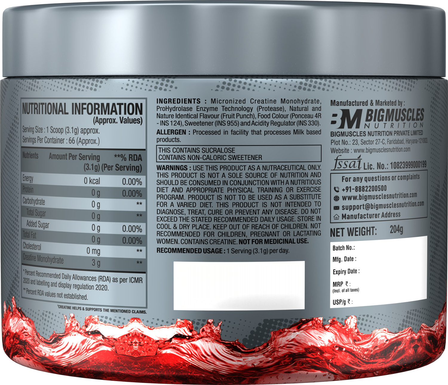 Image of BIGMUSCLES NUTRITION Monohydrate Creatine (204 g, Sex On The Beach)