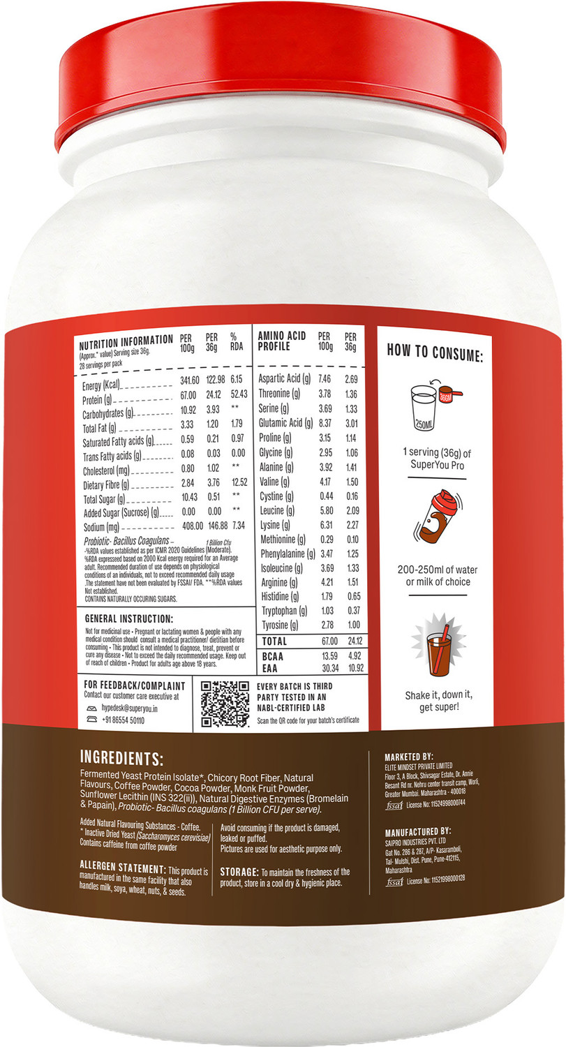 Image of SUPERYOU Pro Fermented Yeast Protein, 24g Protein, Gut Friendly, Superior Muscle Recovery Plant-Based Protein (1 kg, Coffee)