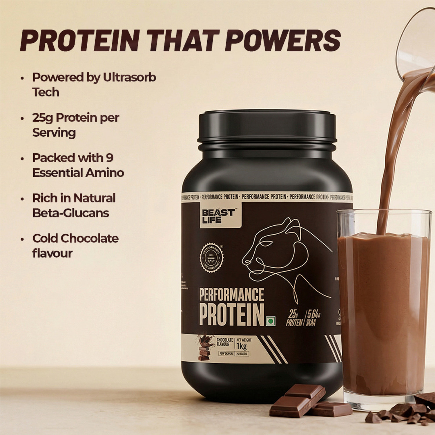 Image of BeastLife Performance Protein Powder with Shaker- 25g Protein, 5.64g BCAA- Yeast Protein Yeast Protein