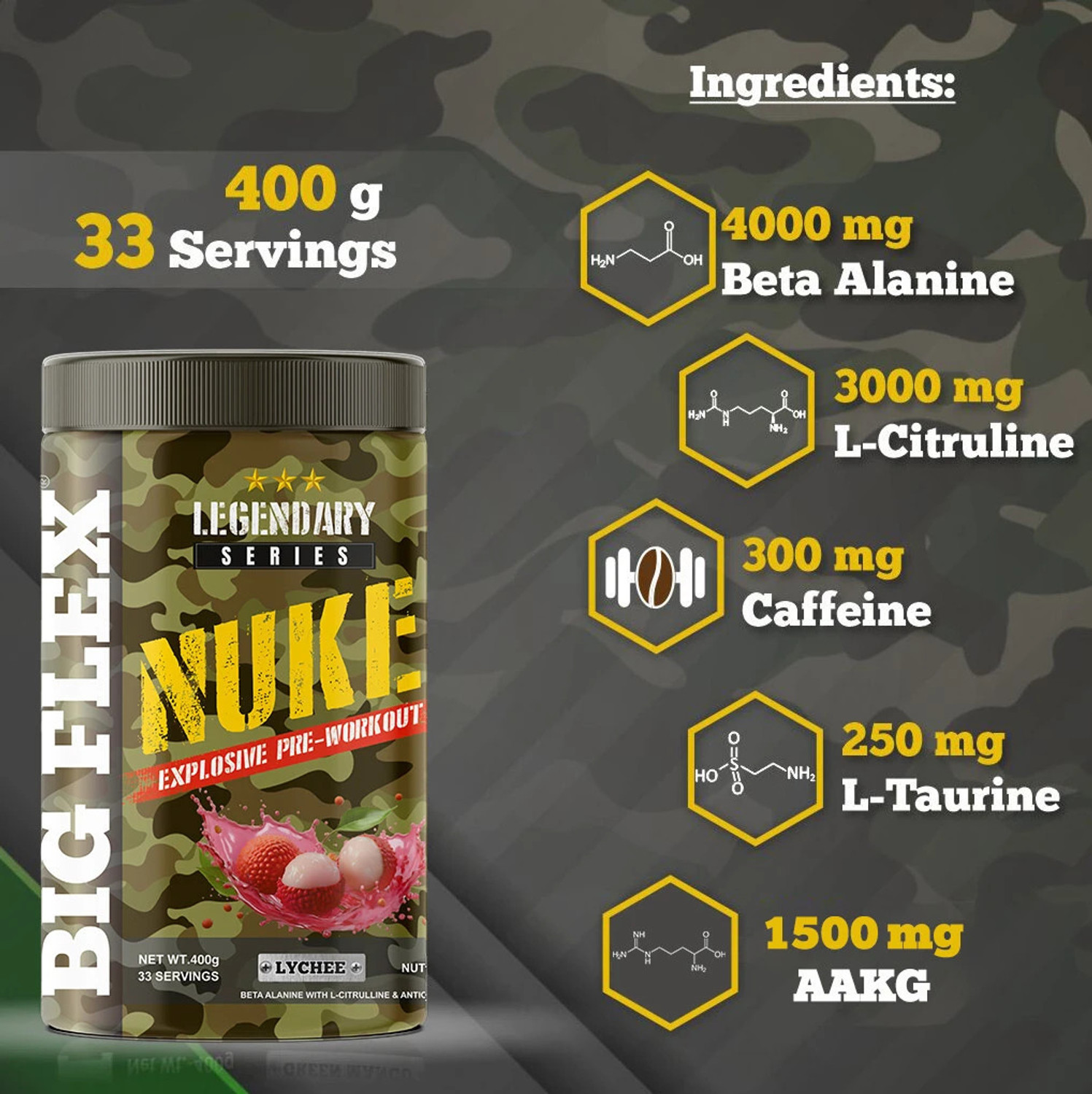 Image of Bigflex Nuke Pre Workout - Litchi Flavour (400 Gm) - L - Citrulline - Creatine HCL Creatine