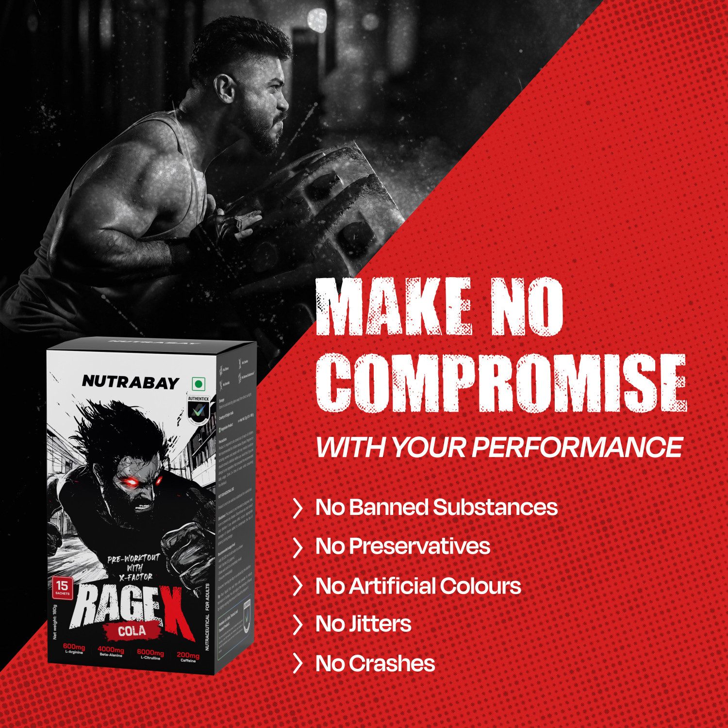 Image of Nutrabay RageX Pre-Workout | L-Citrulline, Beta-Alanine, Caffeine | 15 Sachets | Pre Workout