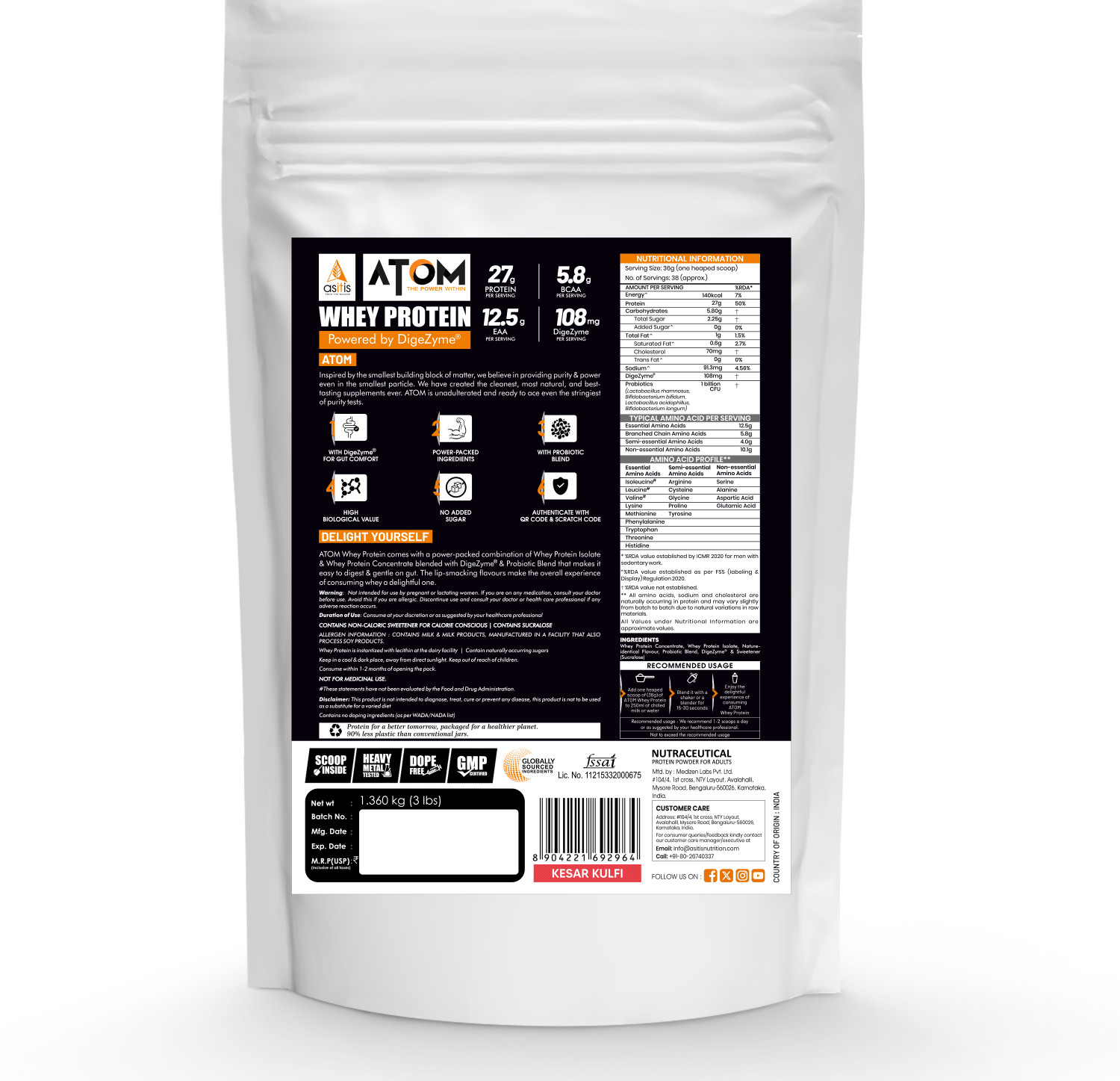 Image of AS-IT-IS Nutrition ATOM Whey Protein 3lbs, 27g protein, Isolate & Concentrate, Kesar Kulfi Whey Protein