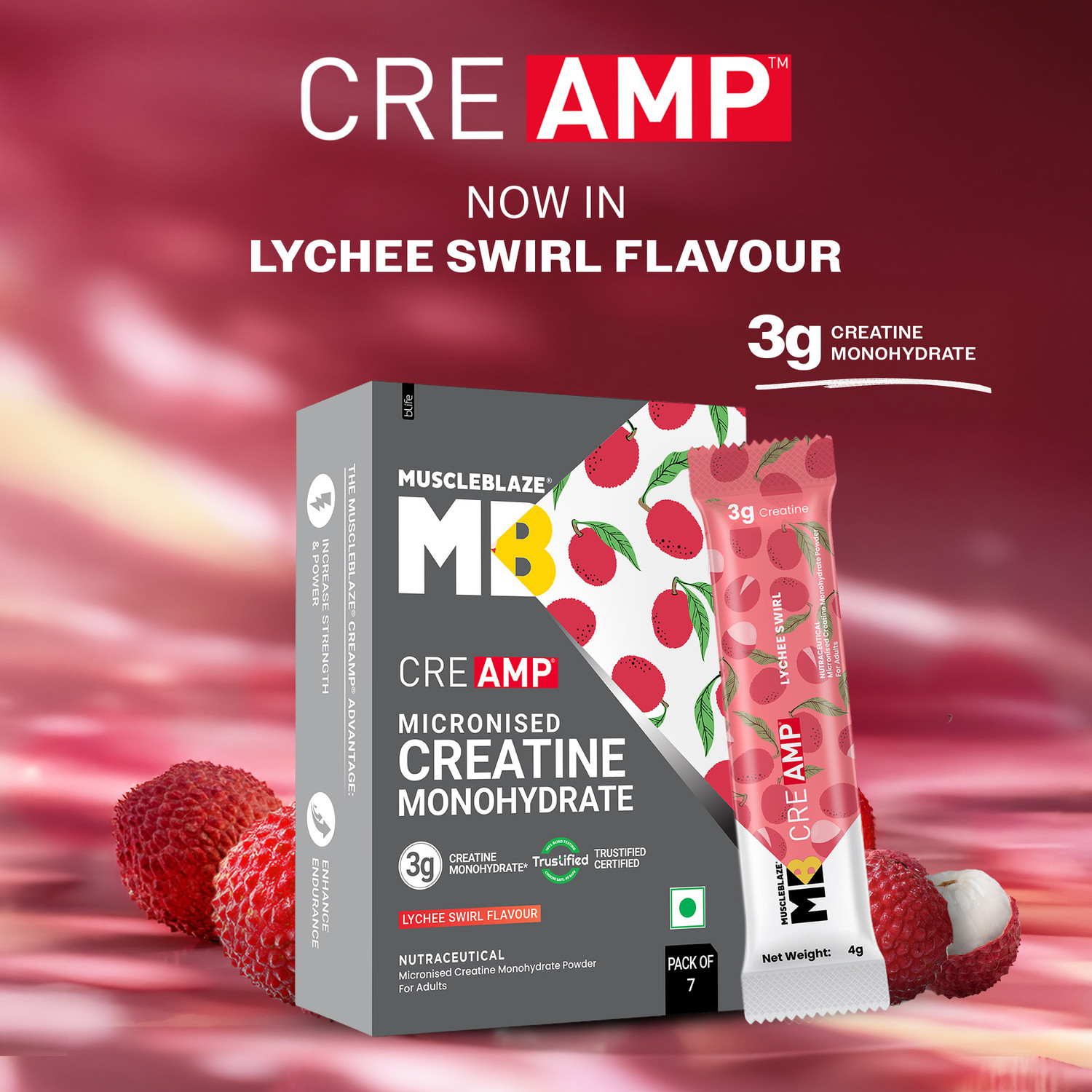 Image of MUSCLEBLAZE Micronised Creatine Monohydrate CreAMP Powder, 7 Sachets | Trustified Certified Creatine