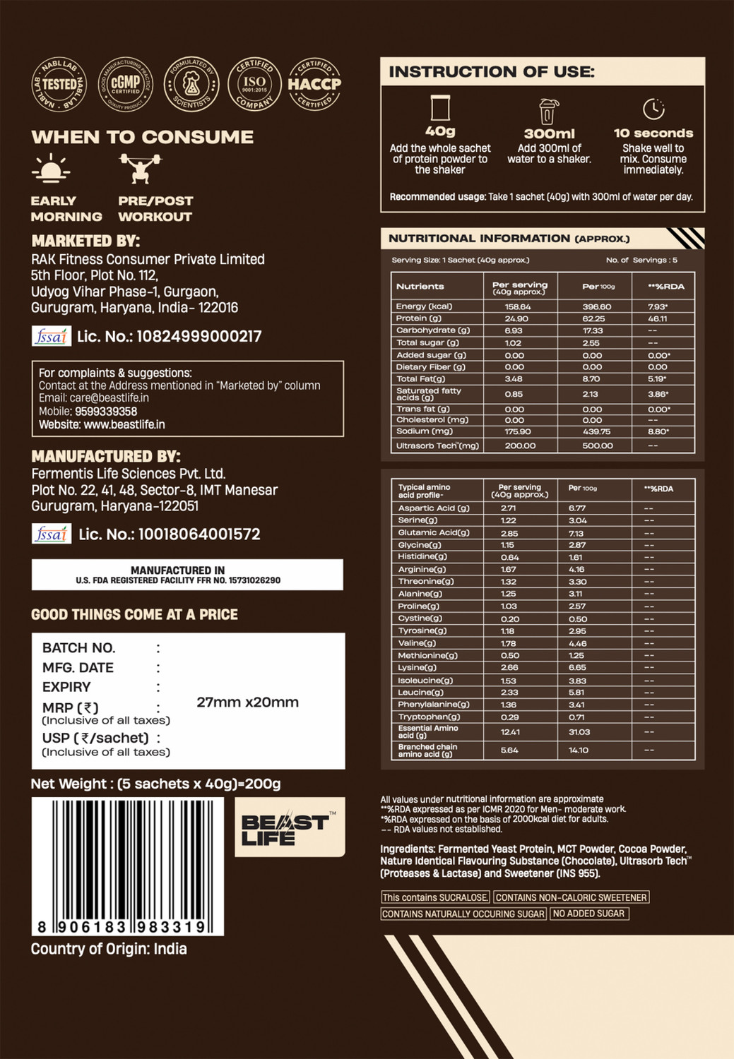 Image of BeastLife Performance Protein Powder | 25g Protein | Muscle Growth- Yeast Protein Yeast Protein