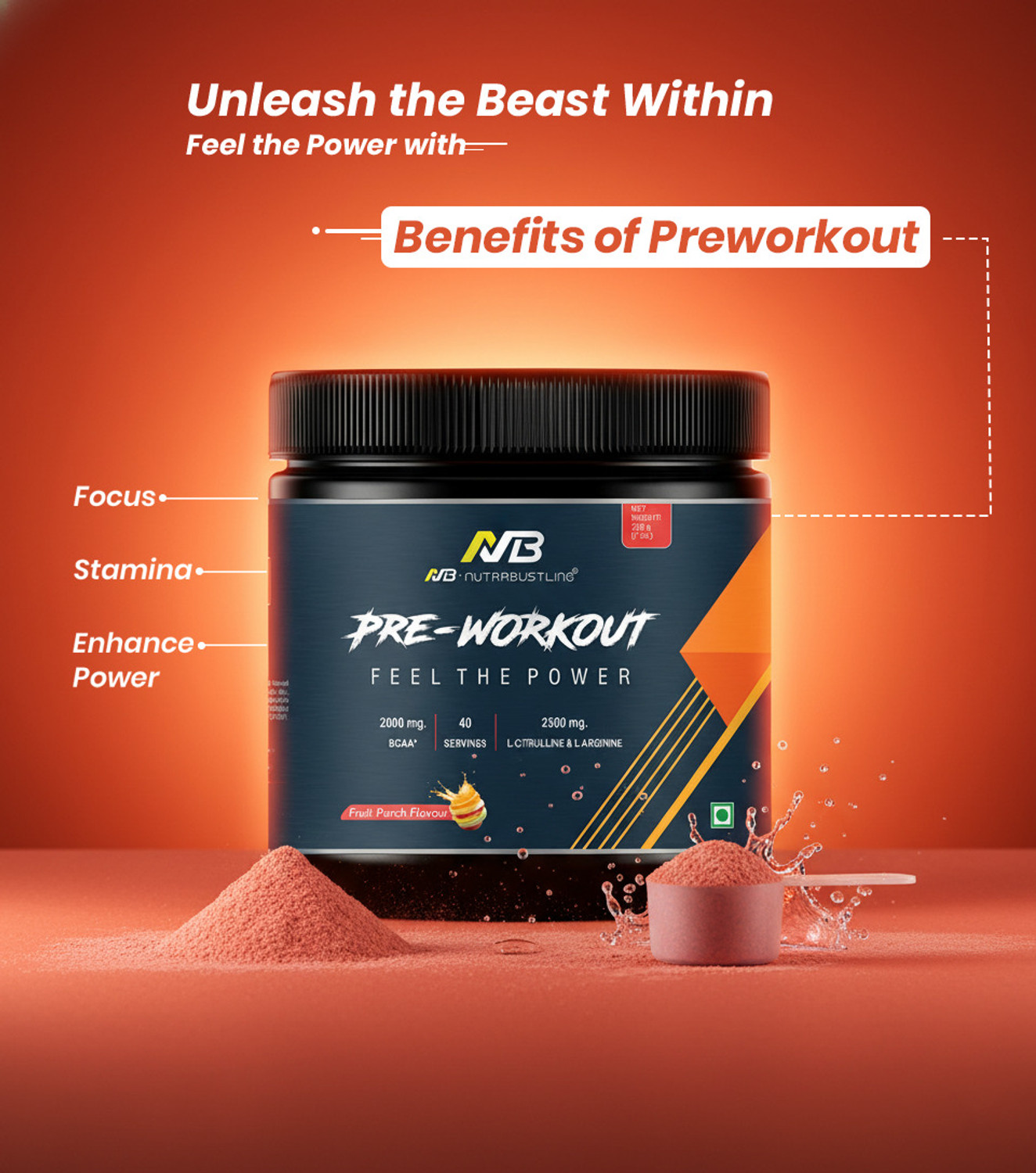 Image of Nutrabustling Pre Workout Supplement for Energy & Muscle Pump| BCAA, L-Citrulline & Caffeine | Pre Workout (200 g, Fruit Punch)
