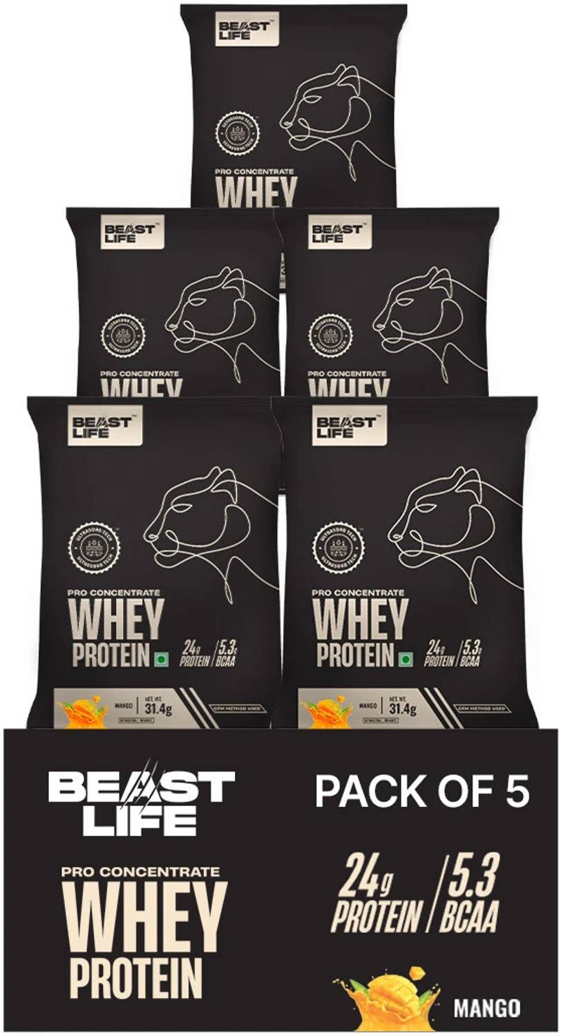 BeastLife 100% Whey Protein Sachets- 5 Sachets | 24g Protein | Easy to Carry Whey Protein