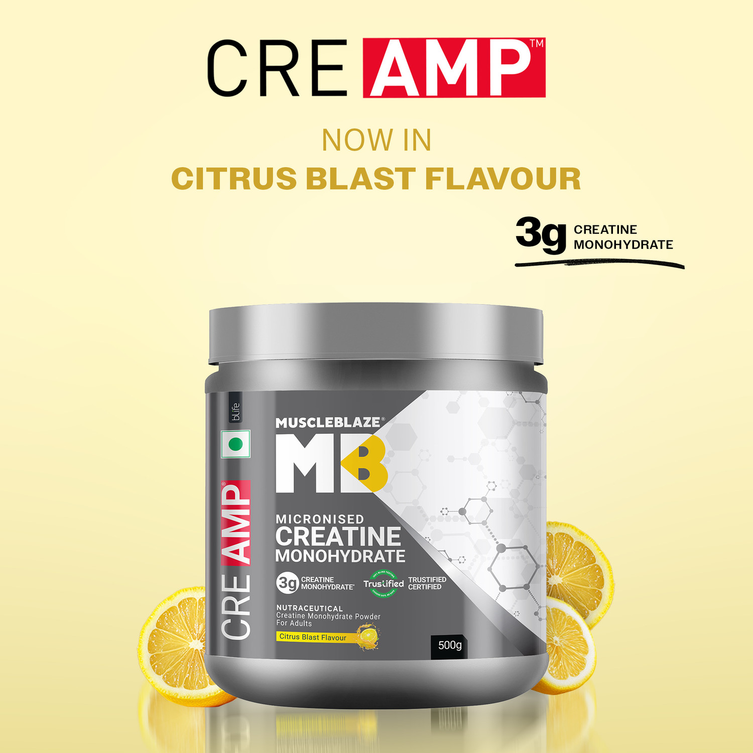 Image of MUSCLEBLAZE Micronised Creatine Monohydrate CreAMP Powder, Trustified Certified Creatine
