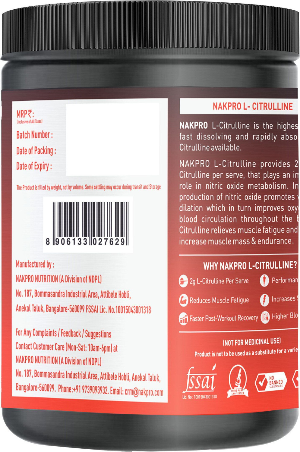 Image of Nakpro Pure L-Citrulline Powder Jar, Boosts Nitric Oxide | Muscle Strength & Endurance EAA (Essential Amino Acids)