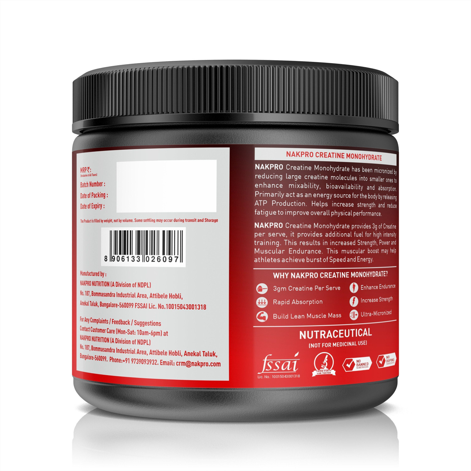 Image of Nakpro Micronized Creatine Monohydrate Jar Trustified Certified, Supports Muscle Growth Creatine