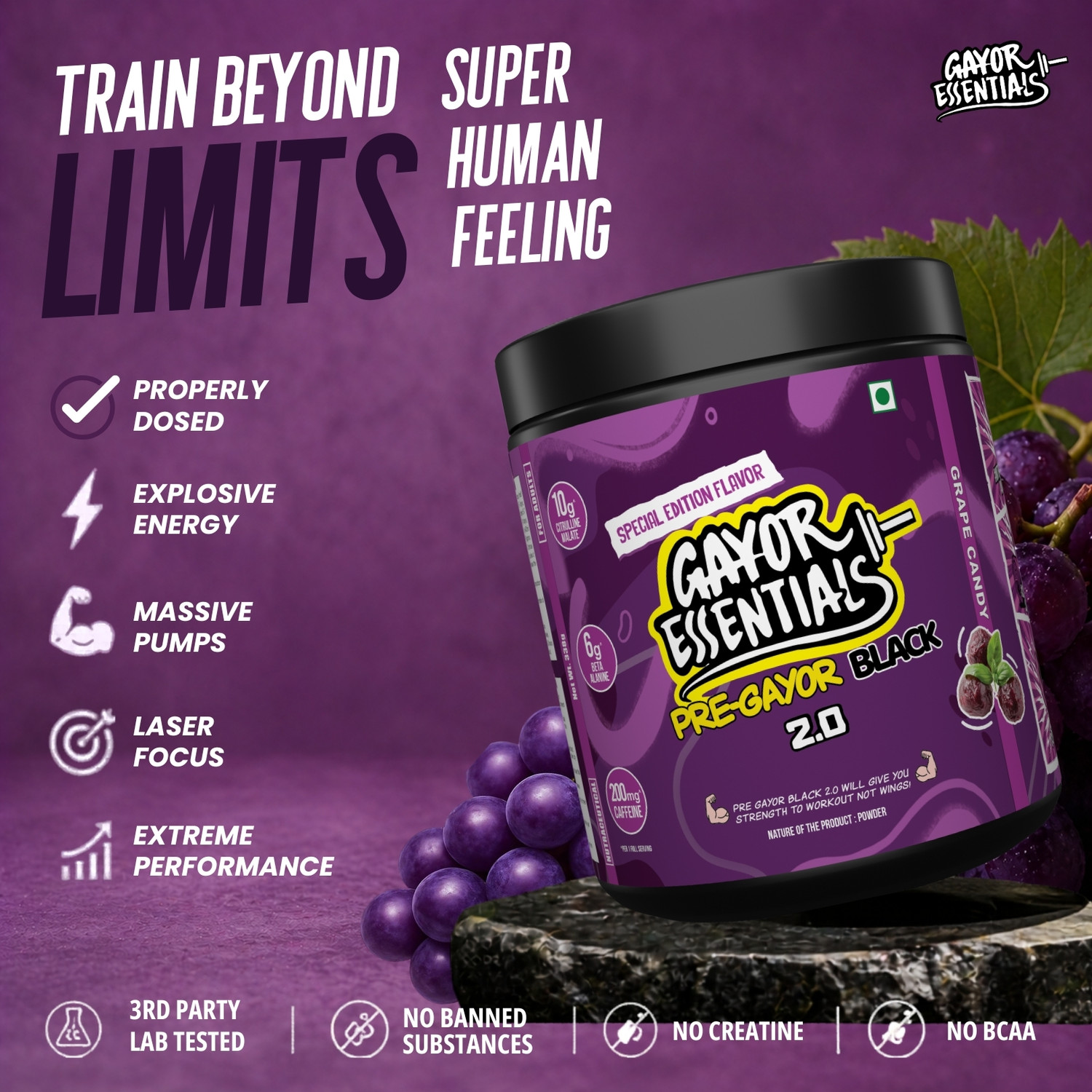 Image of gayor essentials Pre Black 2.0 High-Stim Energy, Focus & Pump Support Pre Workout