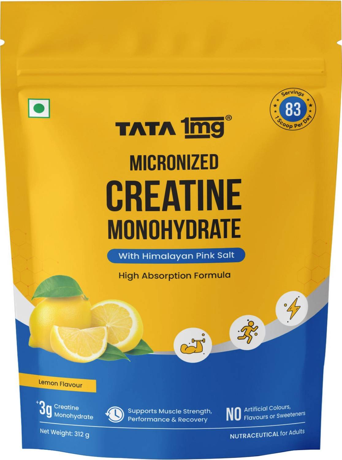 TATA 1mg Micronized Creatine Lemon Flavour 3g Scoop 83 Servings
