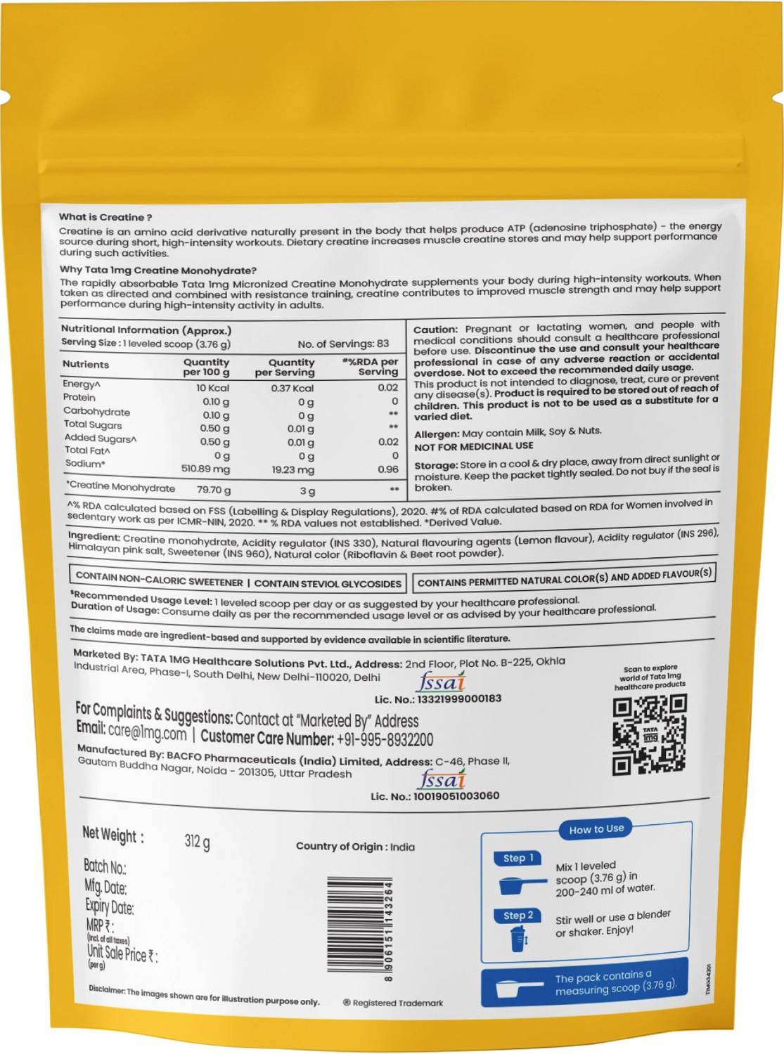 TATA 1mg Micronized Creatine Lemon 83 Servings - Image 2
