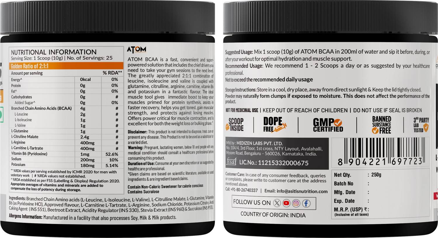 AS-IT-IS Nutrition ATOM BCAA with L-arginine, L-Carnitine, L-Citrullin BCAA Price in India