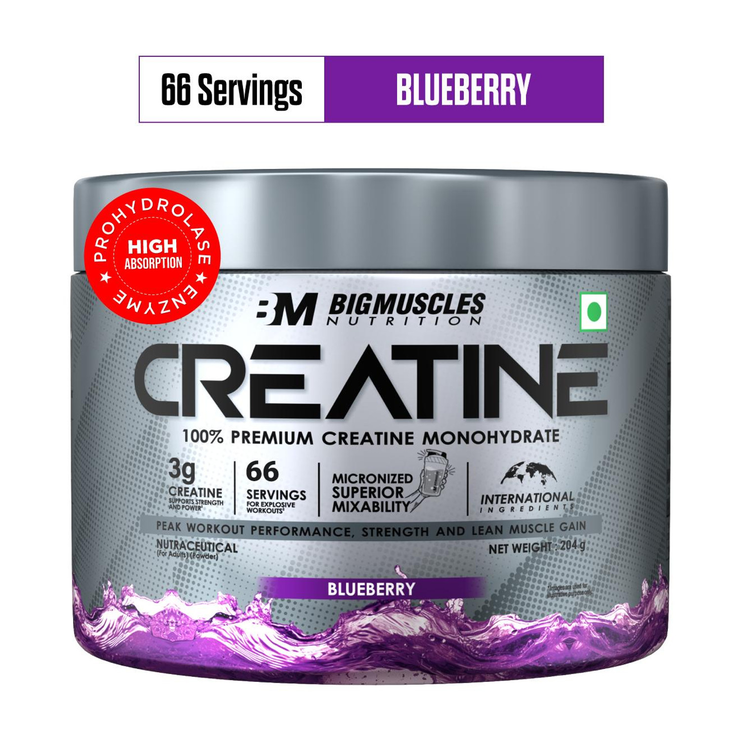 Image of BIGMUSCLES NUTRITION Creatine Monohydrate [66 Servings] | Supports Lean Muscle Building & Recovery | Creatine (204 g, Blueberry)