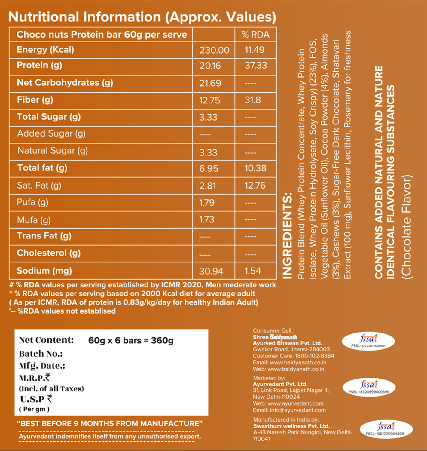 Image of Baidyanath Ayurvedant Choco Nuts Pack of 6 Protein Bars