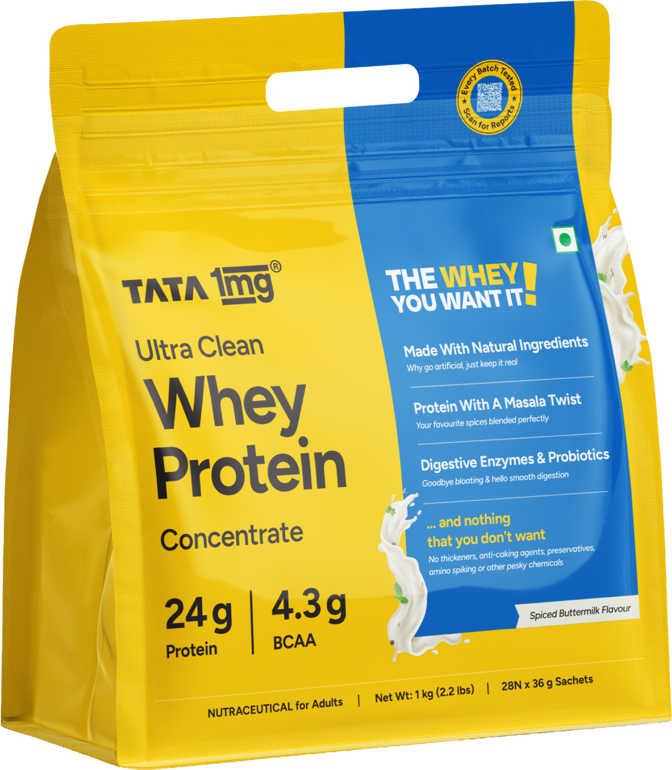 Image of TATA 1mg Ultra Clean Whey Protein Concentrate|24g Protein|Lab-Tested|28 sachets Whey Protein