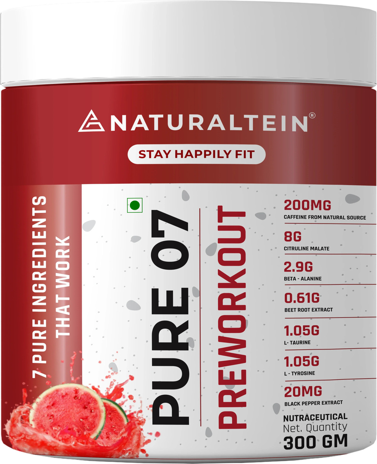 Image of NATURALTEIN PURE-07 Natural and Vegan Pre-Workout Supplement Pack, 200 g (Watermelon) Pre Workout