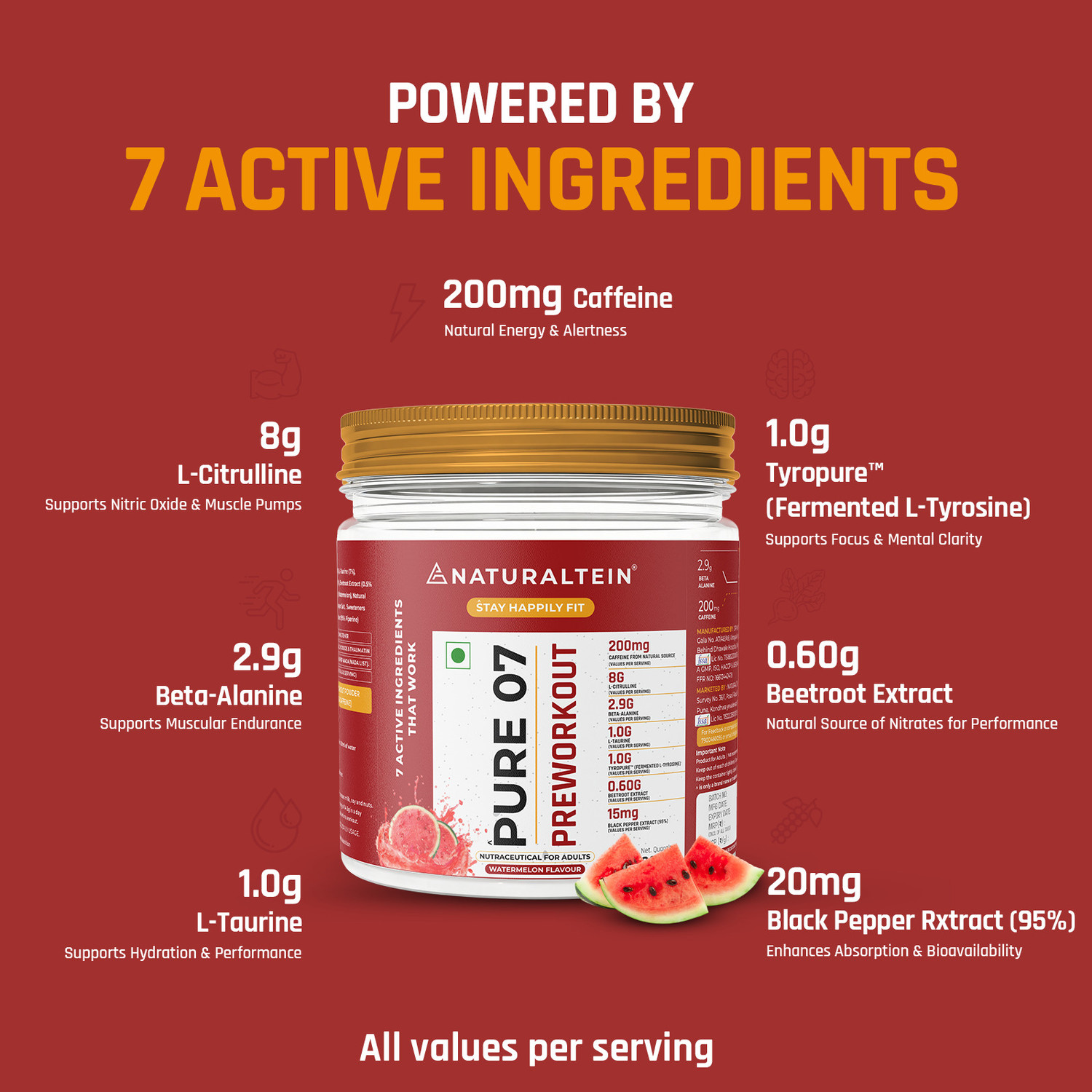 Image of NATURALTEIN PURE-07 Natural and Vegan Pre-Workout Supplement Pack, 200 g (Watermelon) Pre Workout