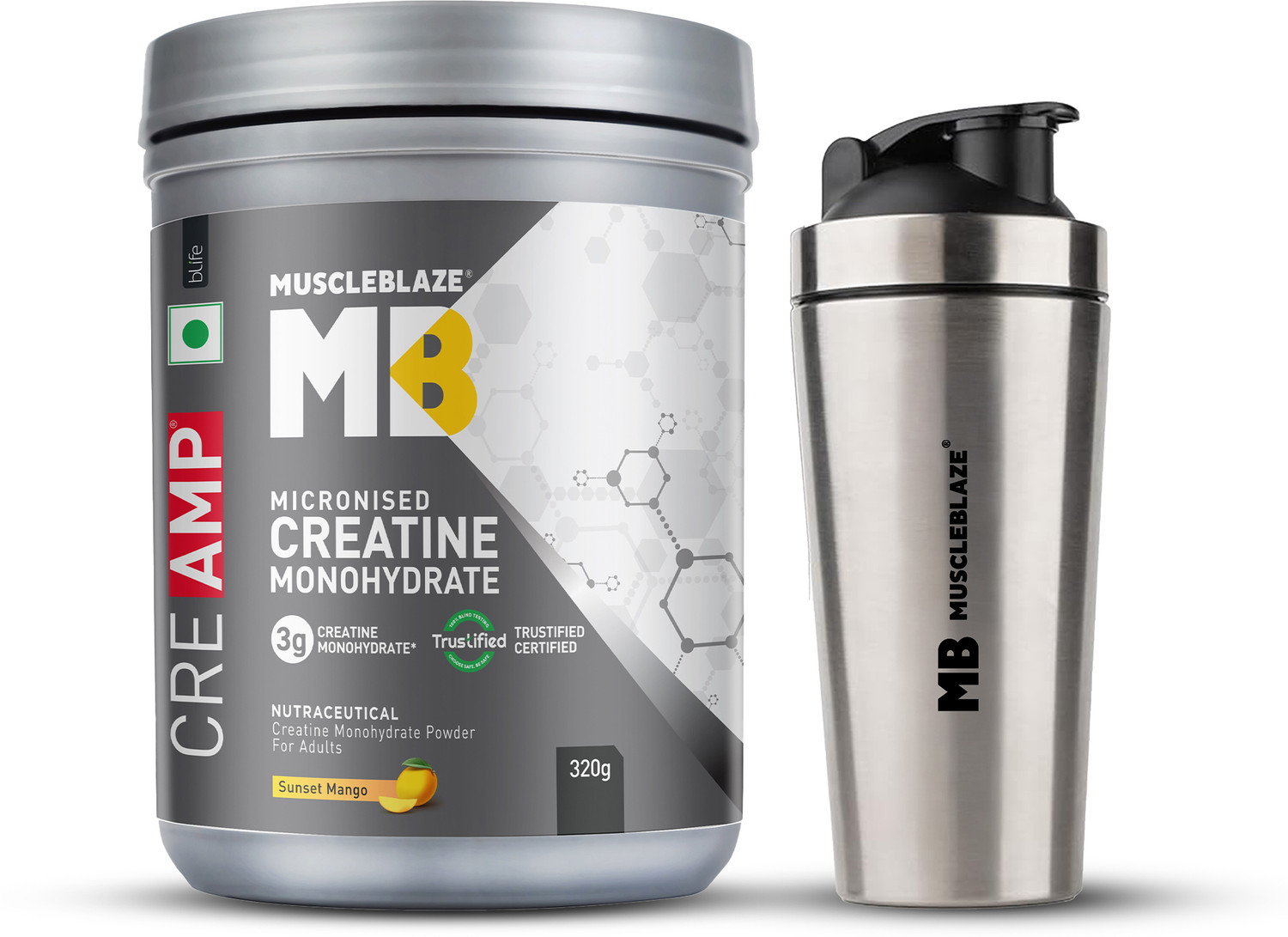 Image of MUSCLEBLAZE Micronised Creatine Monohydrate CreAMP, Trustified Certified & Gym Steel Shaker Creatine