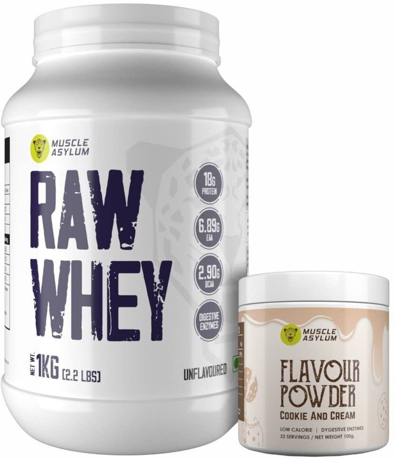 Image of Muscle Asylum Raw Whey Protein Unflavoured, 1 kg and Flavour Powder (Cookie & Cream) Whey Protein