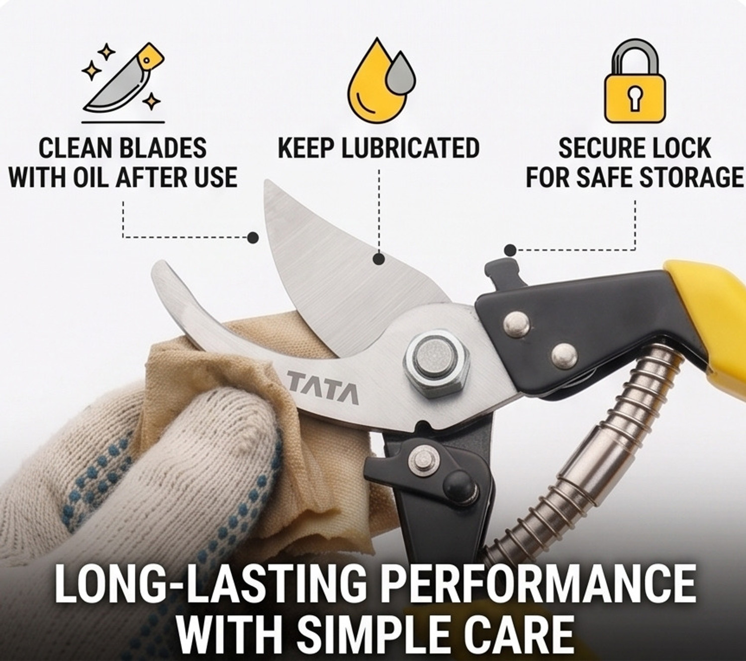 Image of TATA AGRICO GTS006 Garden Sharp scissor with grip - handle | Plant Branch cutter( Yellow Colour) Bypass Pruner