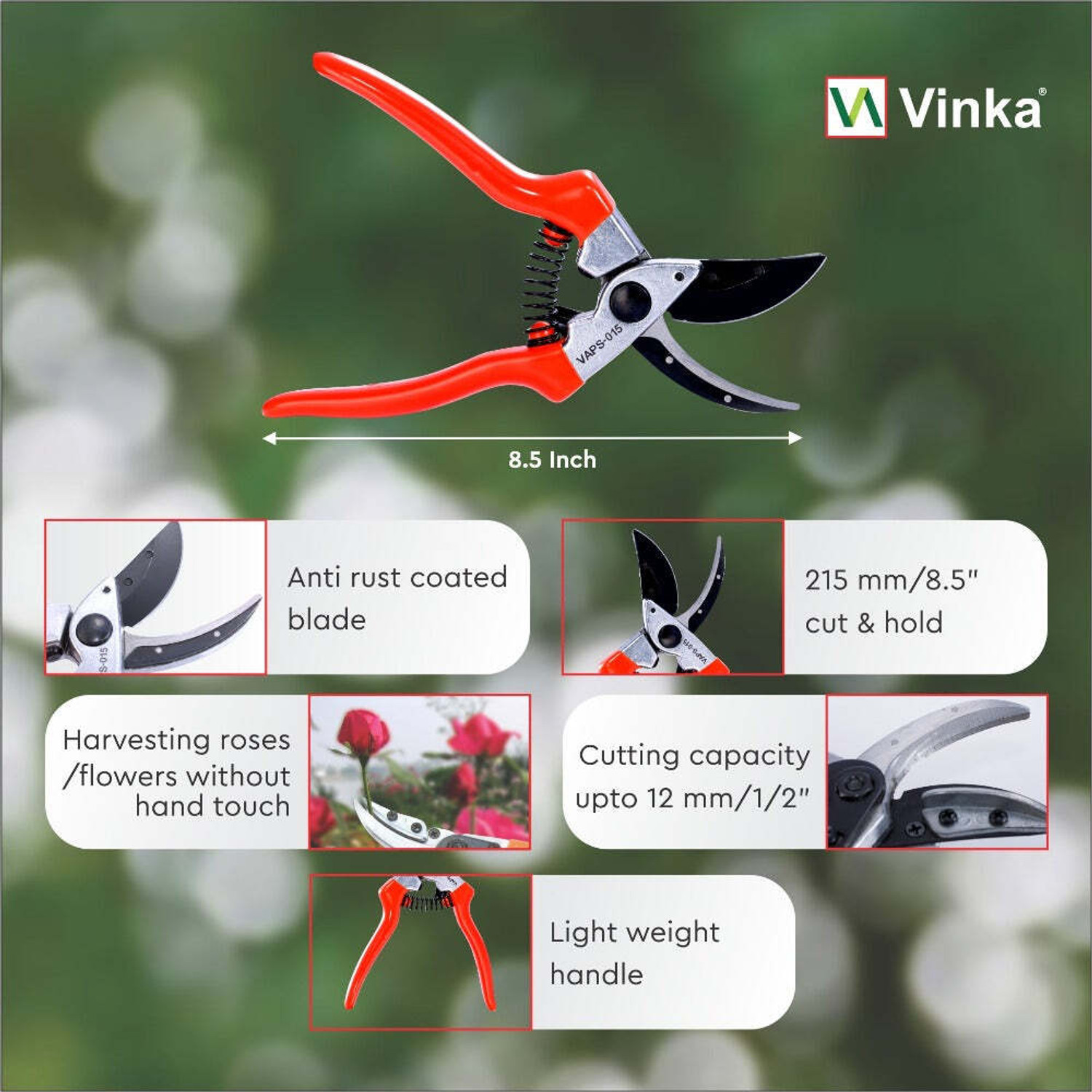 Image of Vinka VAPS-015 Pruning Flower Secateur Cut & Hold, Cuts Stem of Rose and Fruits Bypass Pruner