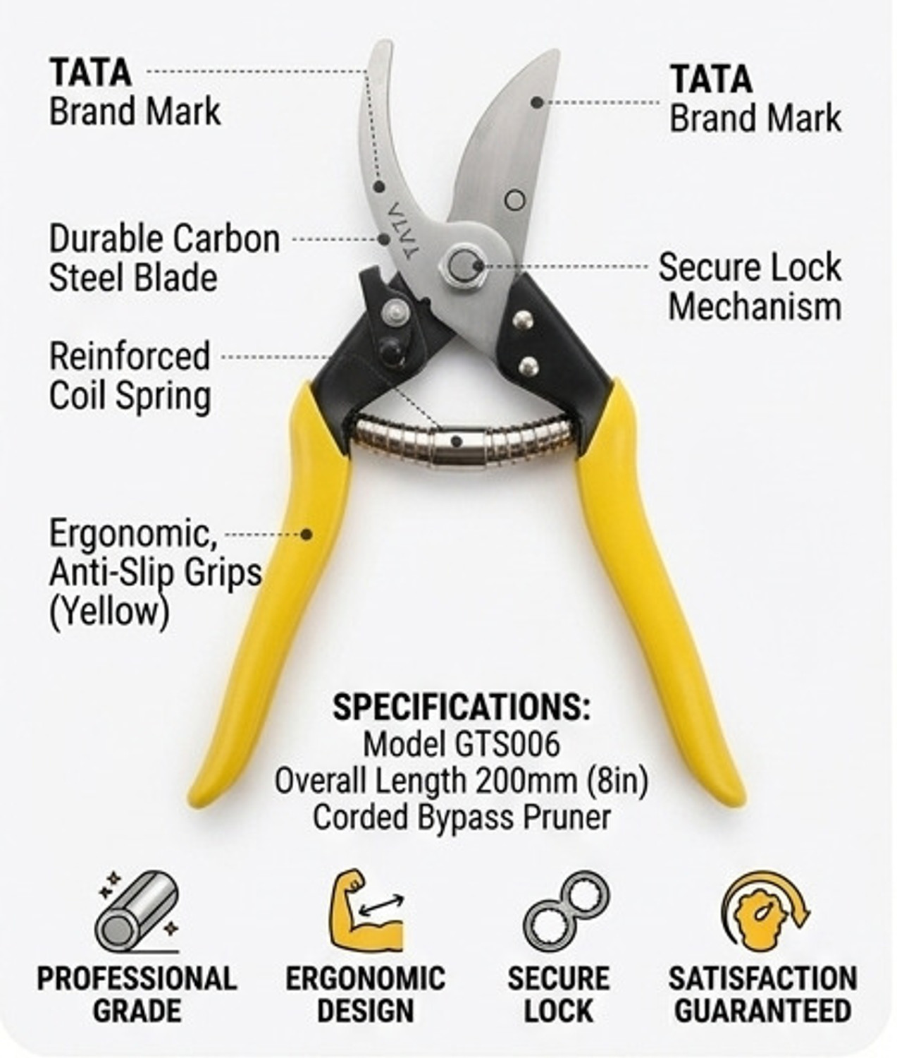 Image of TATA AGRICO GTS006 Garden Sharp scissor with grip - handle | Plant Branch cutter( Yellow Colour) Bypass Pruner