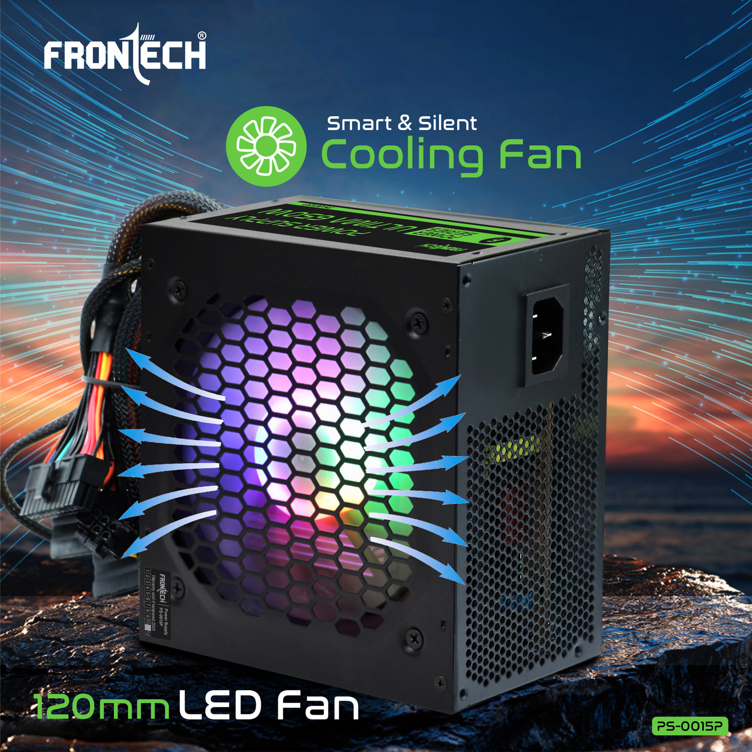 Image of Frontech Ultima Power Supply with 120mm RGB Fan, ATX 12V, DC-DC PFC,2 Molex, PCI-E (6+2), 650 Watts Gaming PSU with 4 SATA Cables