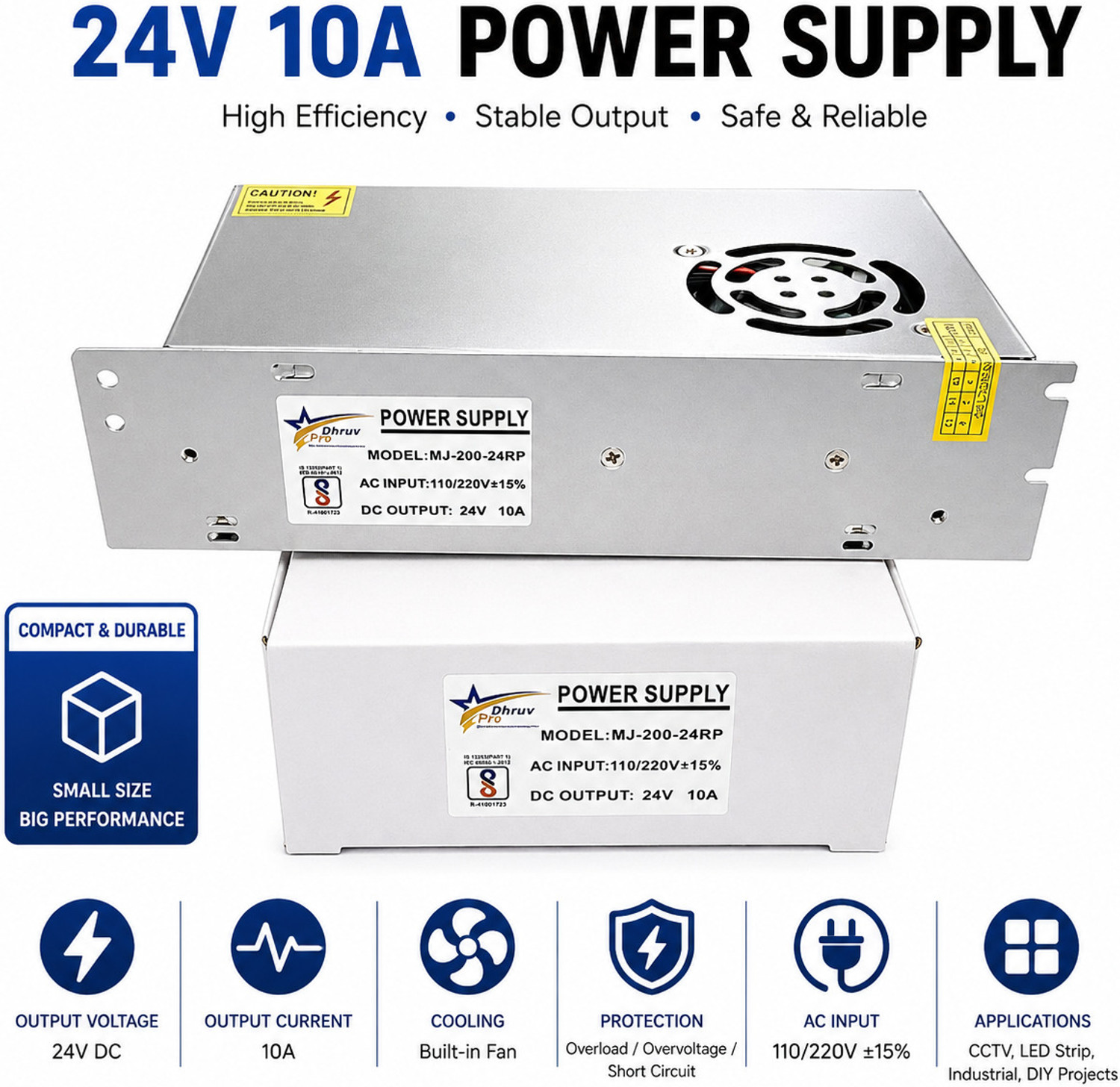 Image of DHRUV-PRO Led Indicator 24 Volt / 10 Amp DC Output Power Supply Metal Case Type Power Supply Adaptor for CCTV Camera AC Input 100 /240vAC 240 Watts Computer PSU with 7 SATA Cables (Silver)