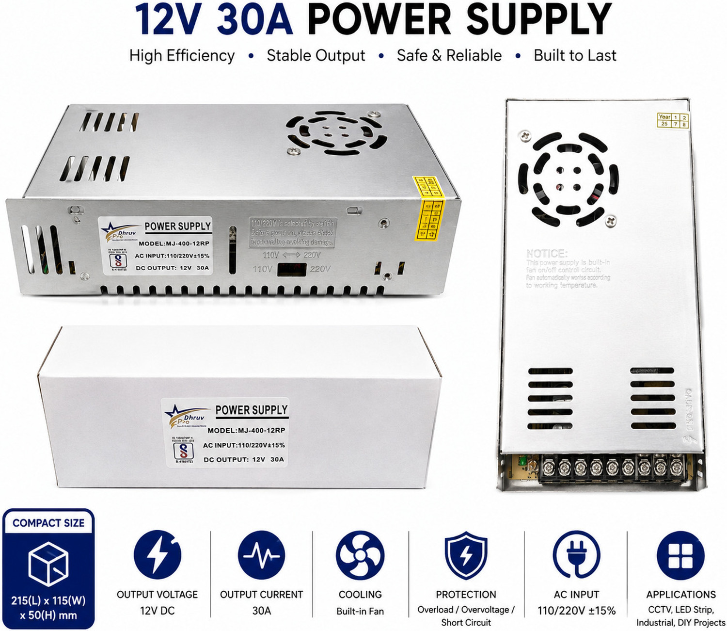 Image of DHRUV-PRO Led Indicator 12 Volt / 30 Amp DC Output Power Supply, Metal Case Type Power LED Driver Power Supply Adaptor for CCTV Camera AC Input 100 /240vAC 360 Watts Server PSU with 9 SATA Cables (Silver)
