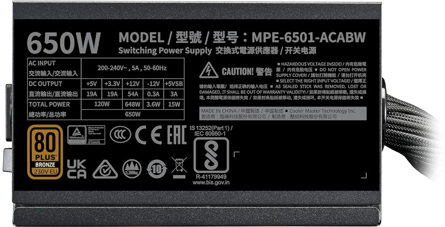 Image of COOLER MASTER MWE 650 V3 Bronze ATX 3.1 650 Watts Computer PSU with 6 SATA Cables