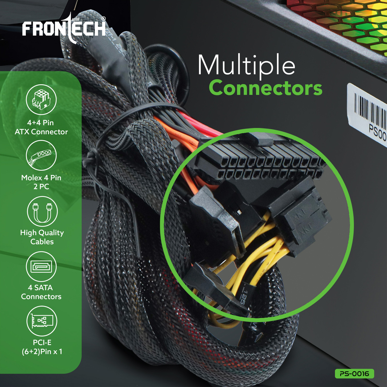 Image of Frontech Ultima Power Supply | ATX 12V | 120mm RGB Fan | 20+4 ATX, 4+4 CPU, 6+2 PCI-E , 750 Watts Gaming PSU with 4 SATA Cables