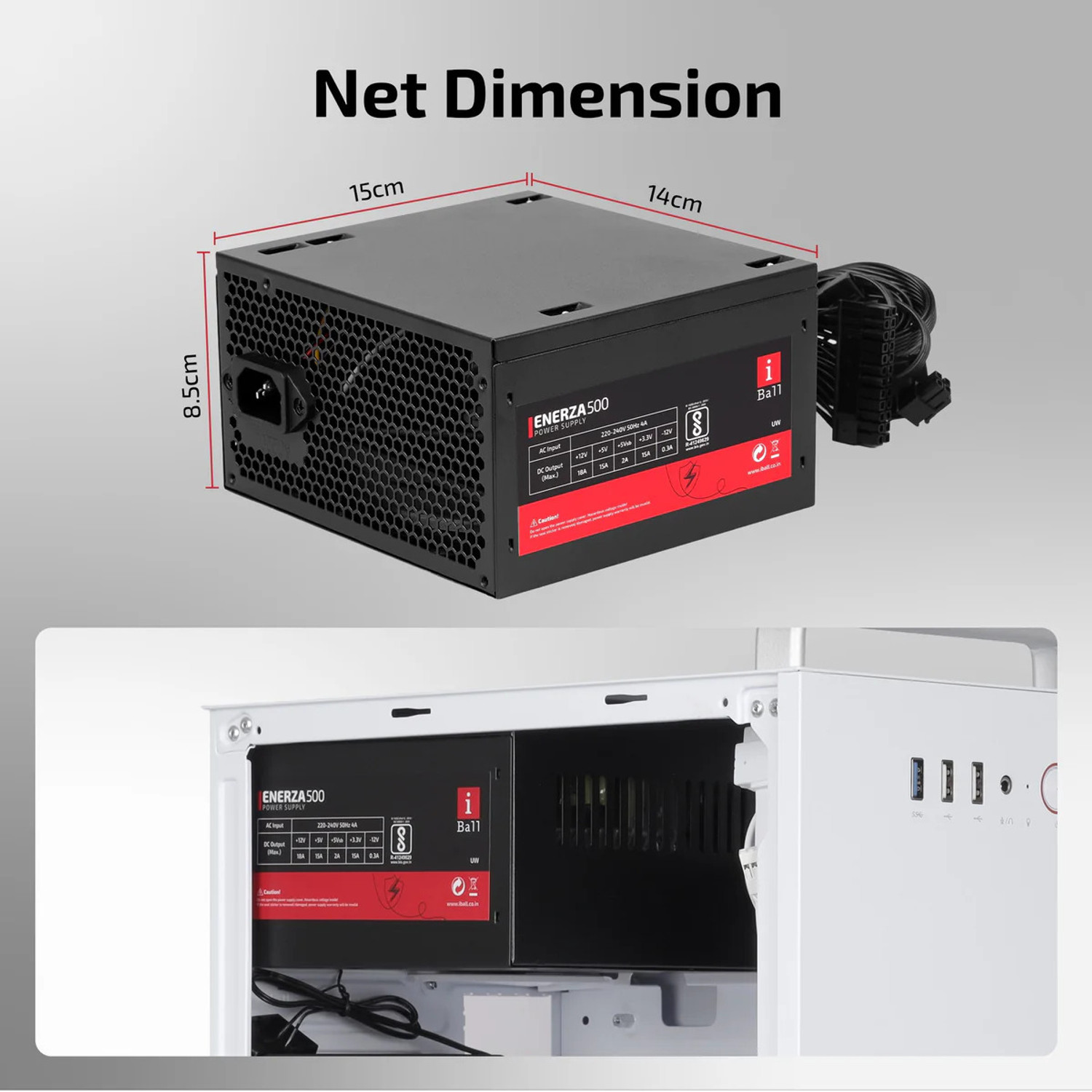 Image of iBall ENERZA 500 (Power-250B) Power Supply 500 Watts Computer PSU with 2 SATA Cables