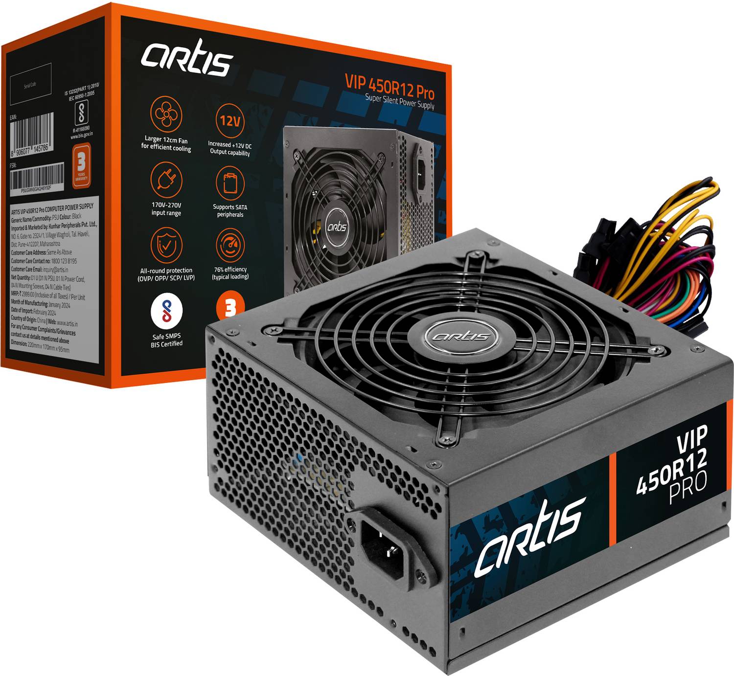 artis VIP 450R12 Pro 450 Watts Computer PSU with 2 SATA Cables