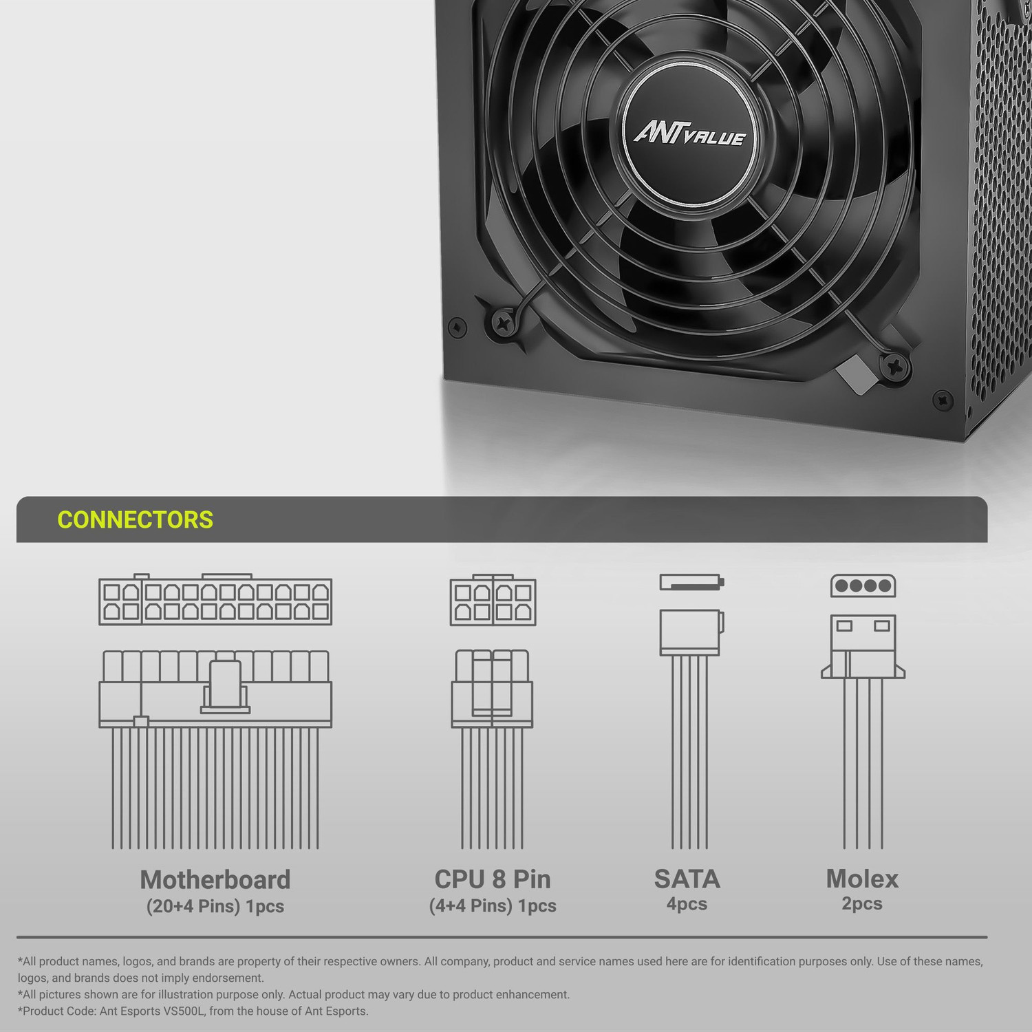 Image of Ant Esports Ant Value ECO 500 500 Watts Gaming PSU with 4 SATA Cables