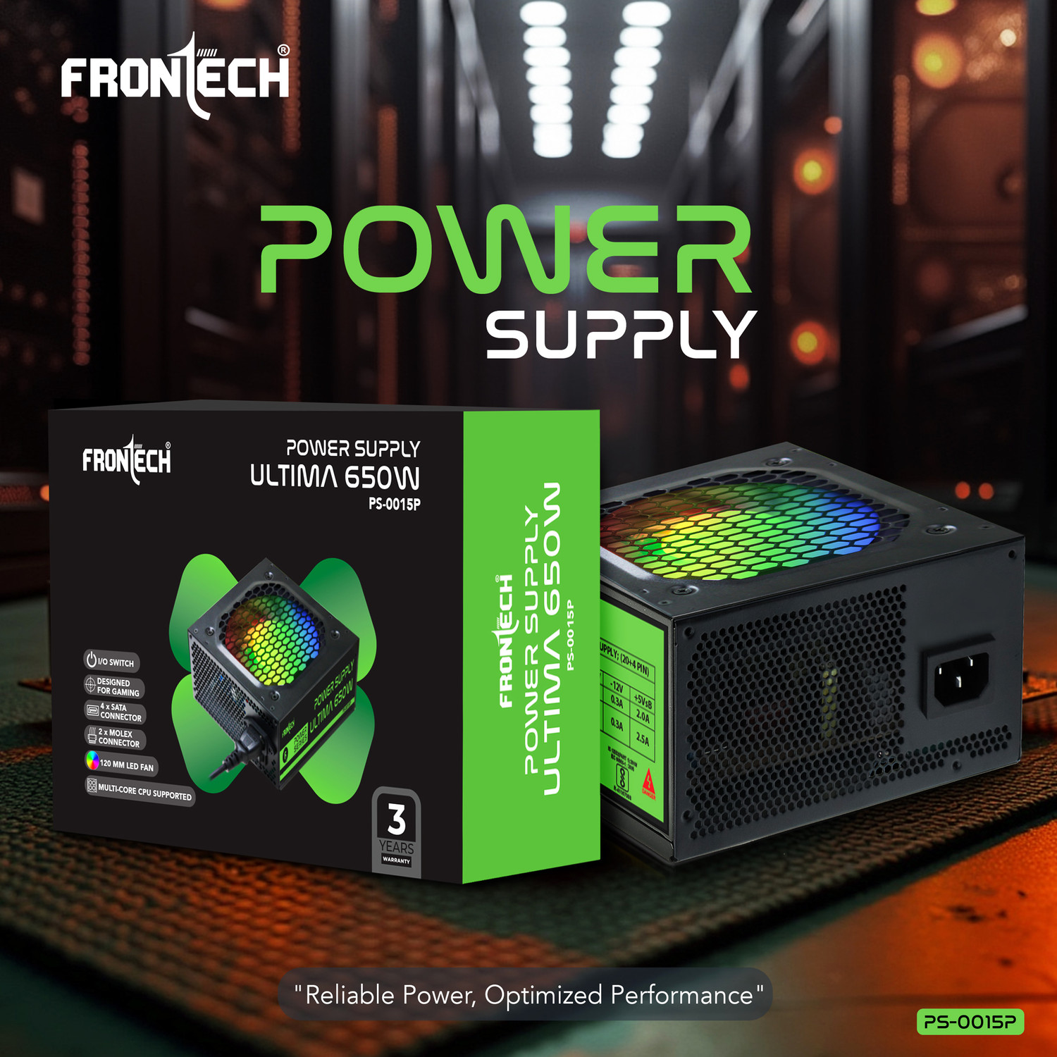 Image of Frontech Ultima Power Supply with 120mm RGB Fan, ATX 12V, DC-DC PFC,2 Molex, PCI-E (6+2), 650 Watts Gaming PSU with 4 SATA Cables