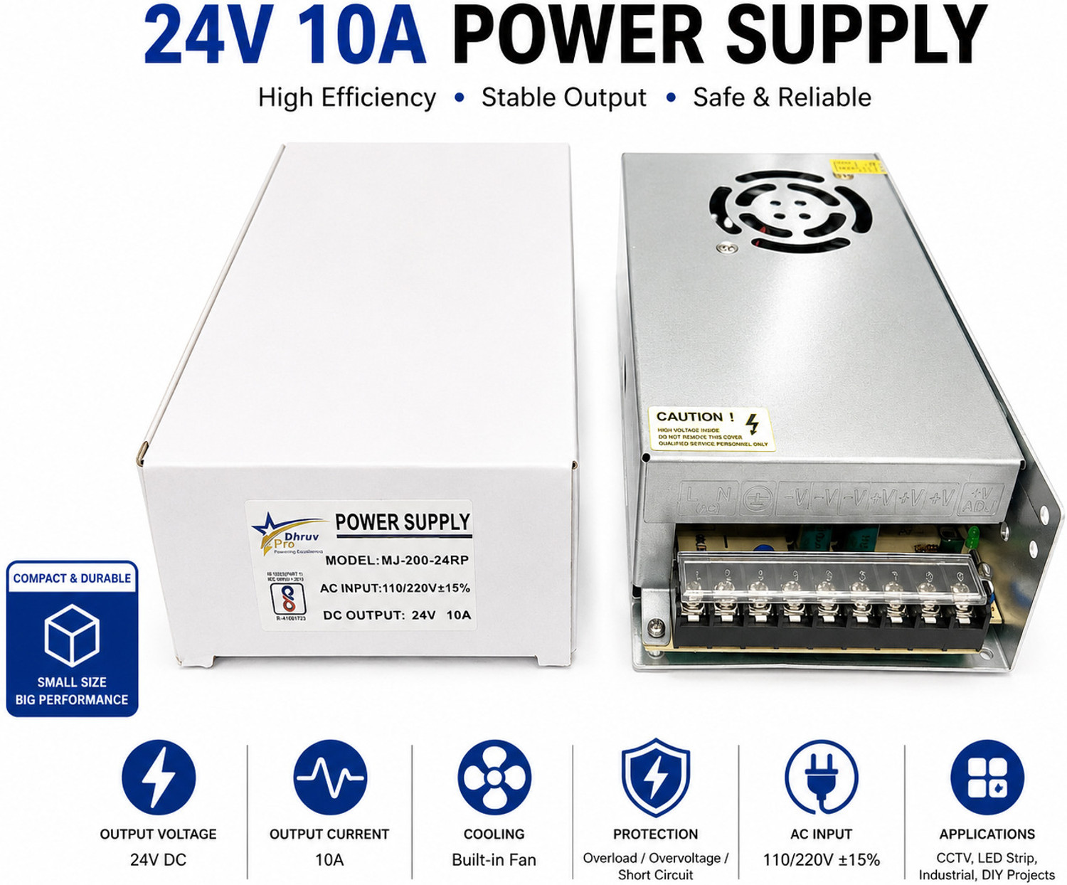 Image of DHRUV-PRO Led Indicator 24 Volt / 10 Amp DC Output Power Supply Metal Case Type Power Supply Adaptor for CCTV Camera AC Input 100 /240vAC 240 Watts Computer PSU with 7 SATA Cables (Silver)