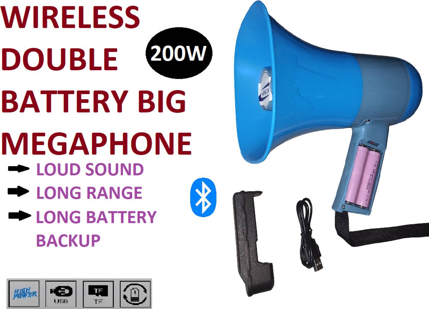 AIMERS LOng Range Megaphone Recorder, USB & Memory card input. Siren, Music (200 W) Wireless Bluetooth Big Megaphone with Rechargeable Double Battery Indoor, Outdoor PA System
