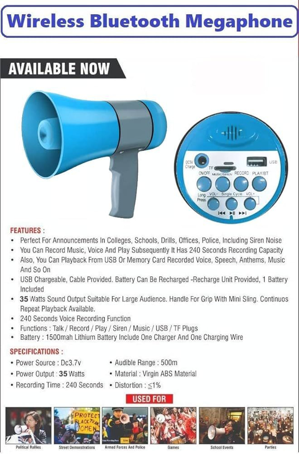 Image of AIMERS 100W Megaphone LoudSpeaker Recording USB & SDCard Support Indoor, Outdoor PA System