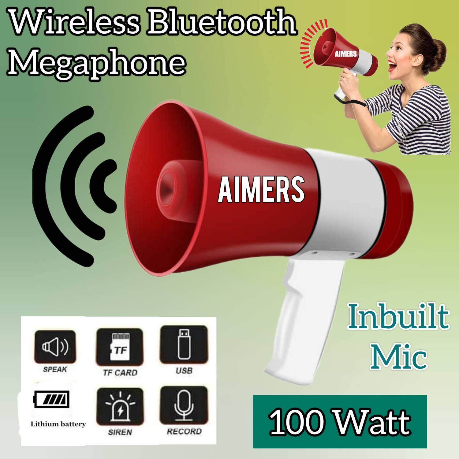 AIMERS Megaphone Loud Speaker Trumpets Recording Speaker Horn with USB & SD Card Port 30 Watts Handheld Megaphone with Recorder USB and Memory Card Voice Recorder Indoor, Outdoor PA System