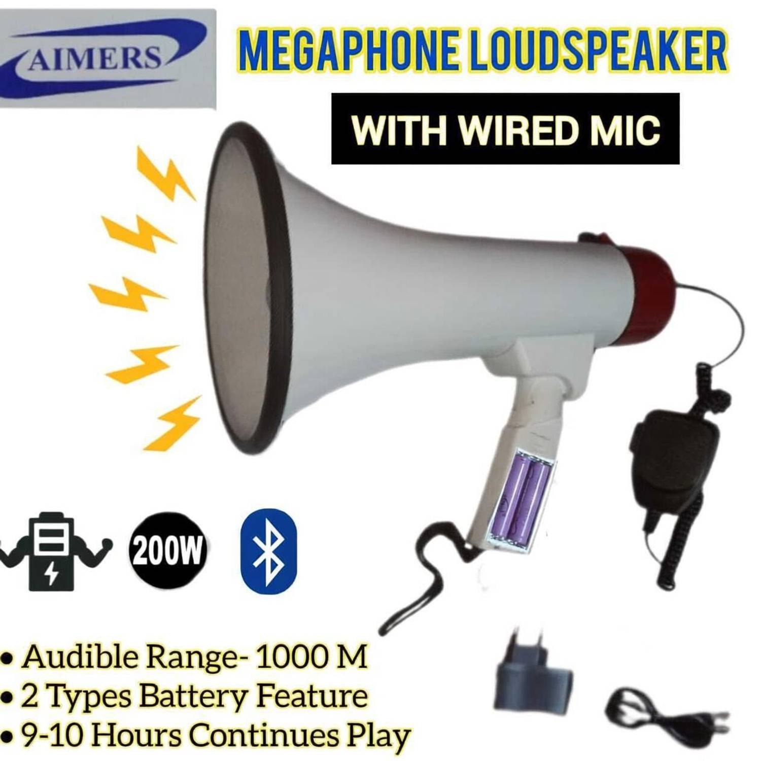AIMERS Wired Mic Bluetooth Megaphone with Recorder,USB &Memory Wired Megaphone Card Input for Record;Play;Siren;Music with Battery and Charger Indoor, Outdoor PA System