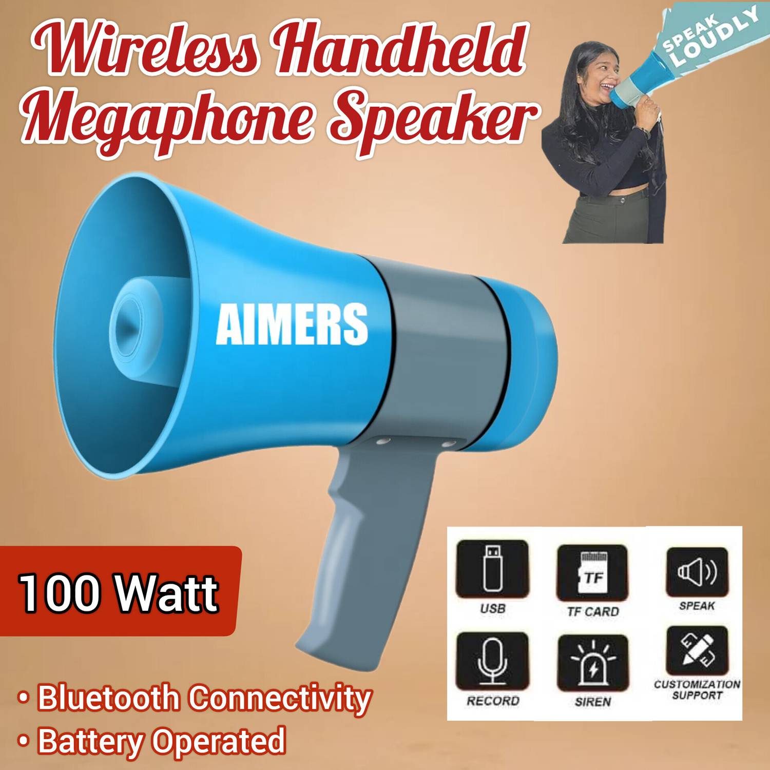 AIMERS Bluetooth Megaphone Indoor, Outdoor PA System (100 W) Loudspeaker Megaphone, USB Memory Card Input For Announcing Talk Record Play, Indoor, Outdoor PA System