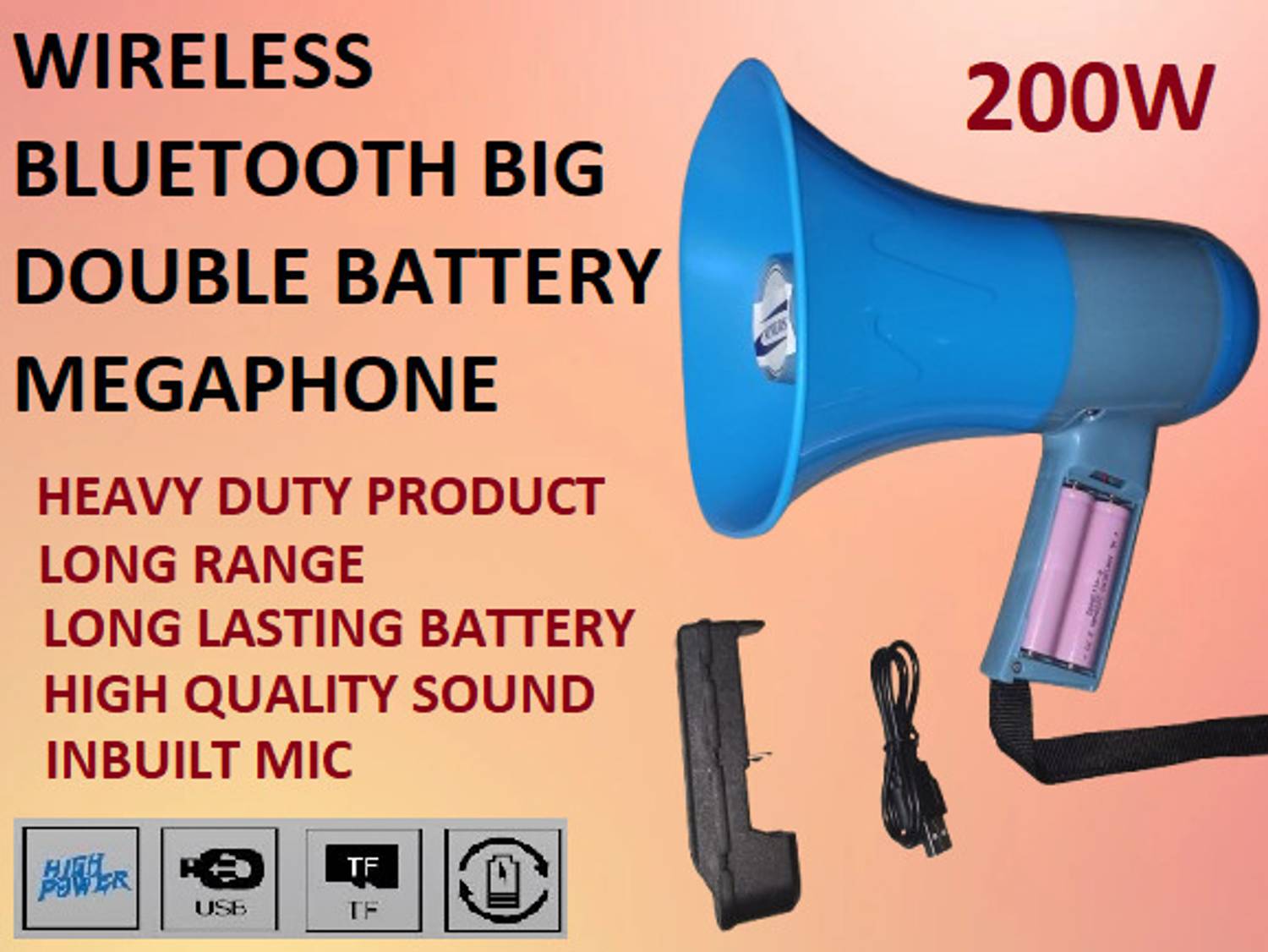 AIMERS LOng Range Megaphone Recorder, USB & Memory card input. Siren, Music (200 W) Wireless Big Megaphone for Announcement with Rechargeable Double Battery Indoor, Outdoor PA System