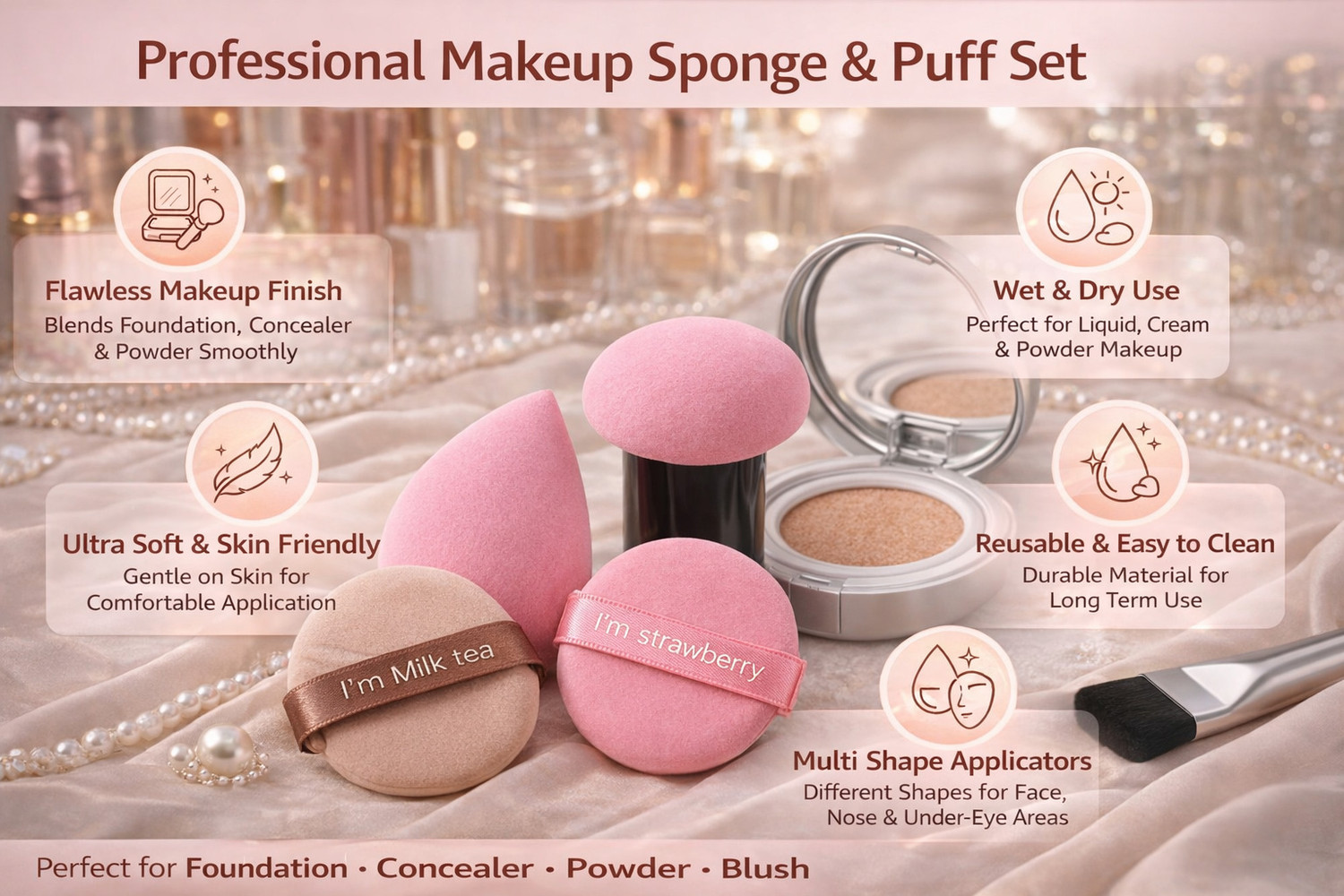 Image of TBC 5 Pcs Makeup Sponge Set with Foundation Brush & Powder Puff Beauty Blender
