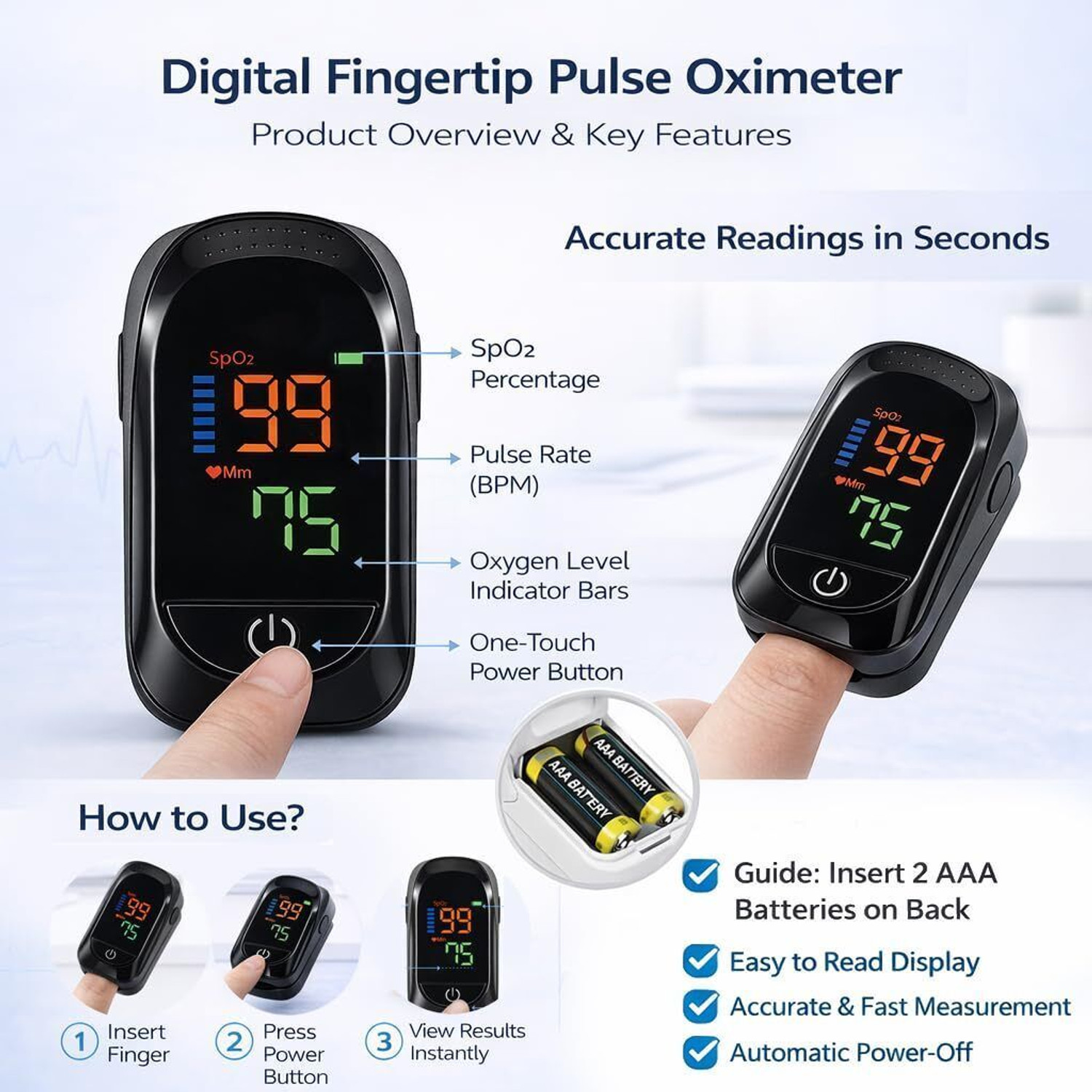 Image of kiaan enterprises Fingertip Pulse Oximeter Oxygen Saturation Heart Rate Monitor Pulse Oximeter