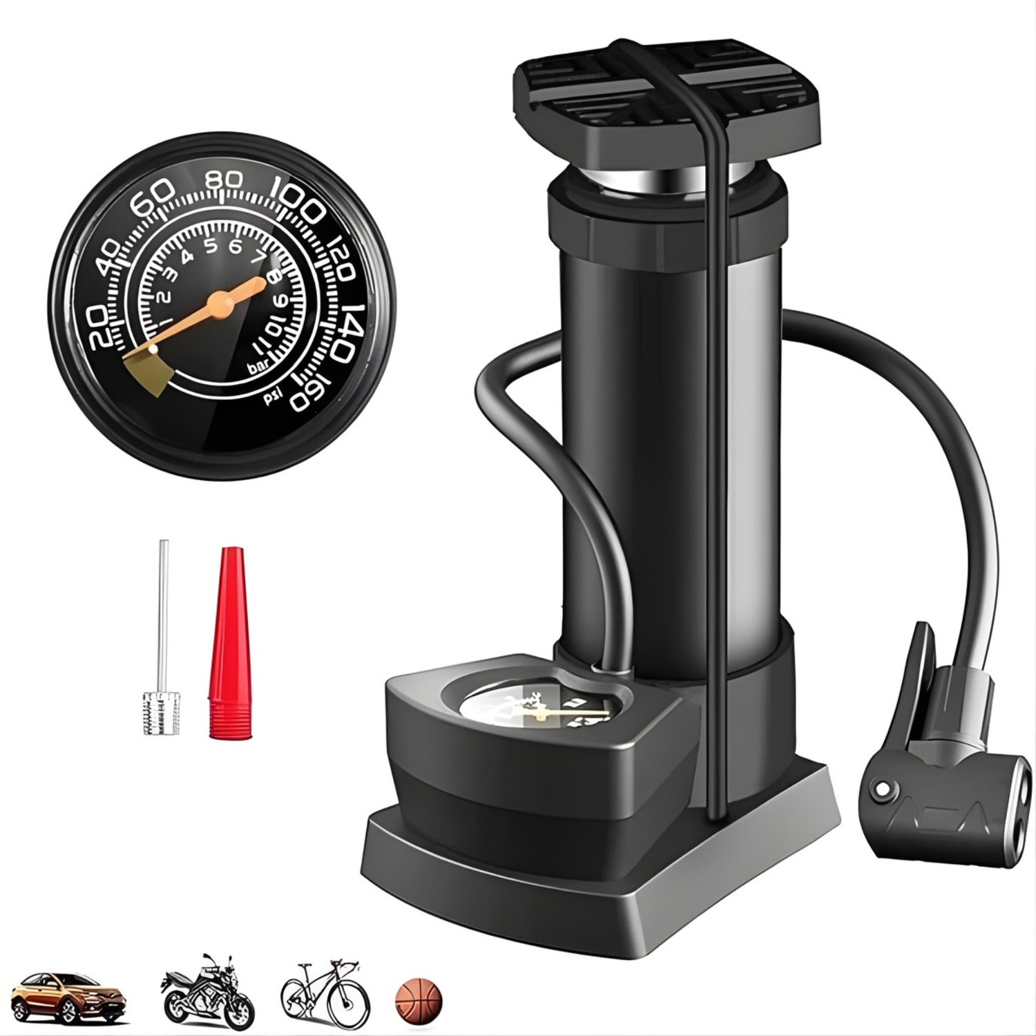 Image of VOCO Foot Air Pump with Pressure Gauge High Pressure Tyre Inflator Bicycle, Car, Motorcycle Pump