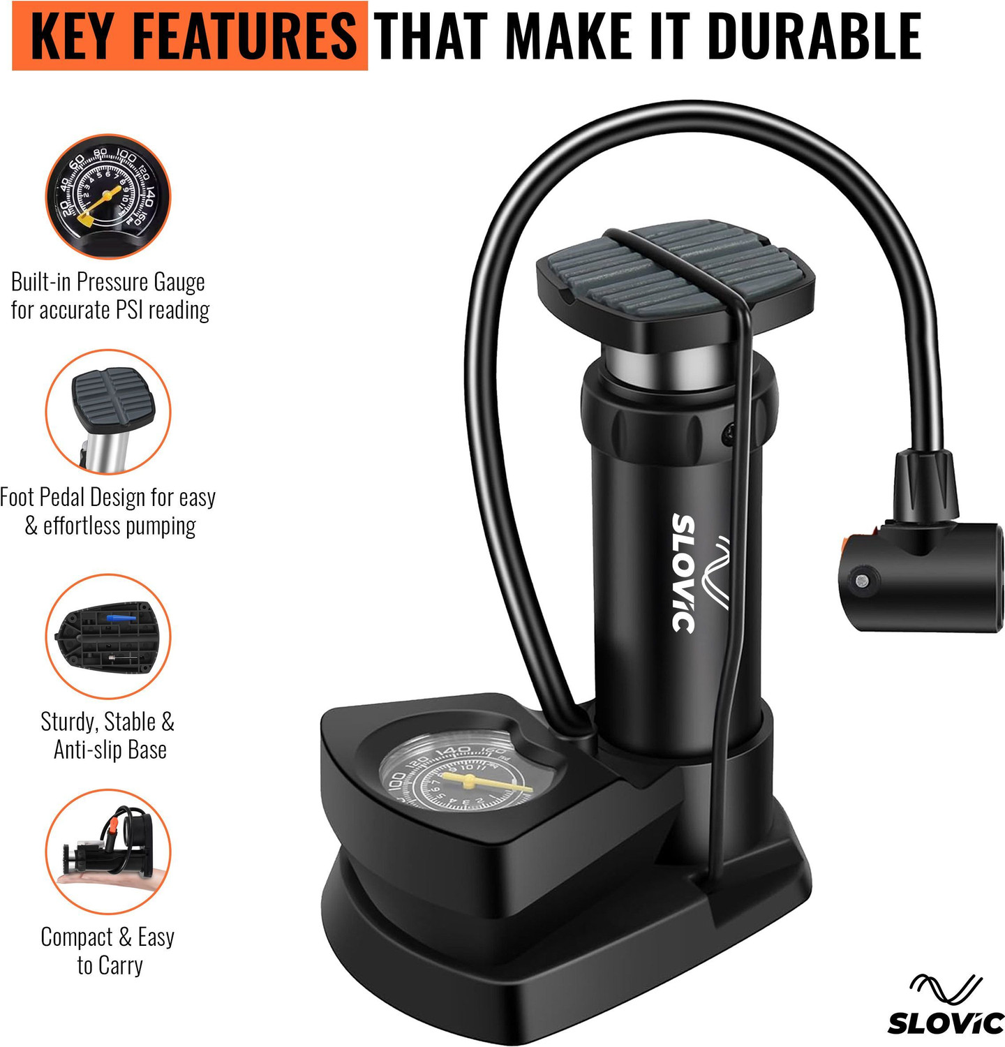 Image of SLOVIC Cycle Pump Build for MultiPurpose Use - Easy To Carry | Bicycle, Basketball Pump, Motorcycle, Football Pump, Ball, Volleyball Pump, Car Pump