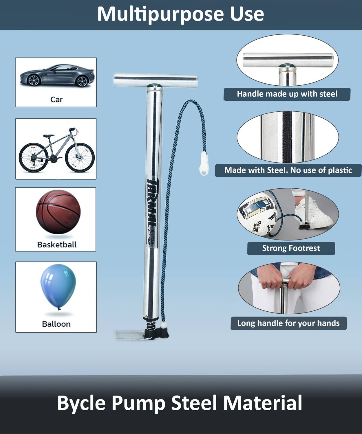 Tarmal Made in India Steel साइकिल, कार, मोटरसाइकिल, बॉल पंप - Image 3